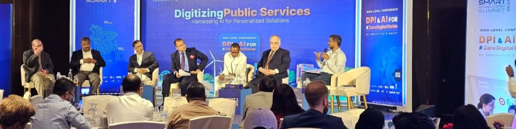 Panel session at the Smart Bangladesh Summit 2023 on digitizing public services with AI, with Md. Hafijur Rahman among the panelists.